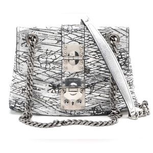 Miu Miu Graffiti Metallic Silver Leather Crossbody Bag with Metal Chain Strap